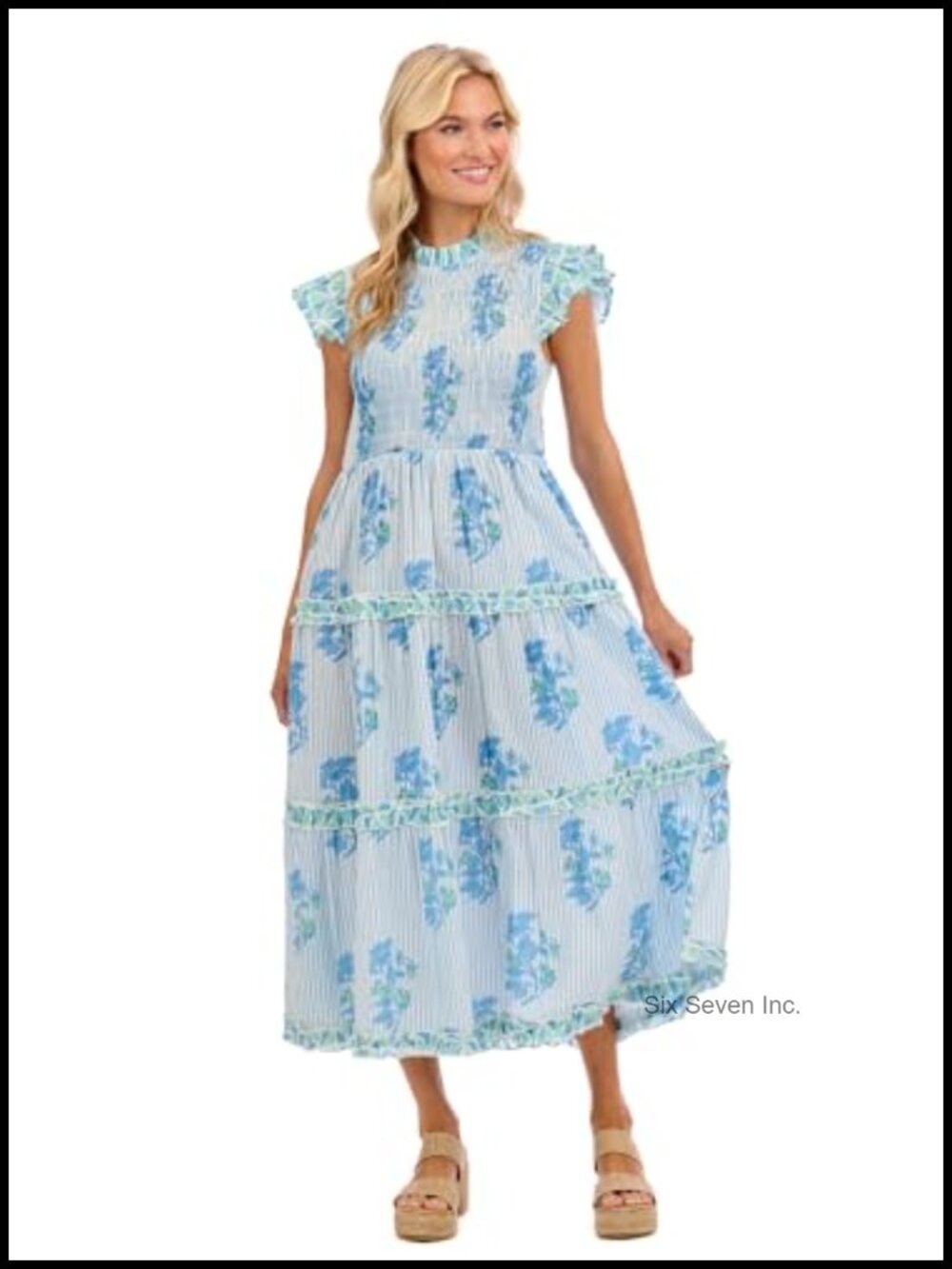 Smocked Midi Dress 100% Cotton Ruffle Flutter Sleeve Fit & Flare